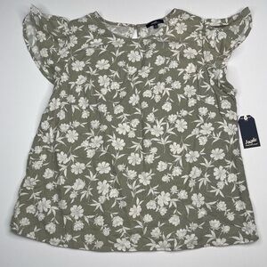 Angeles Top Linen Rayon Green Flutter Sleeve Floral Boho Cottagecore Prairie New